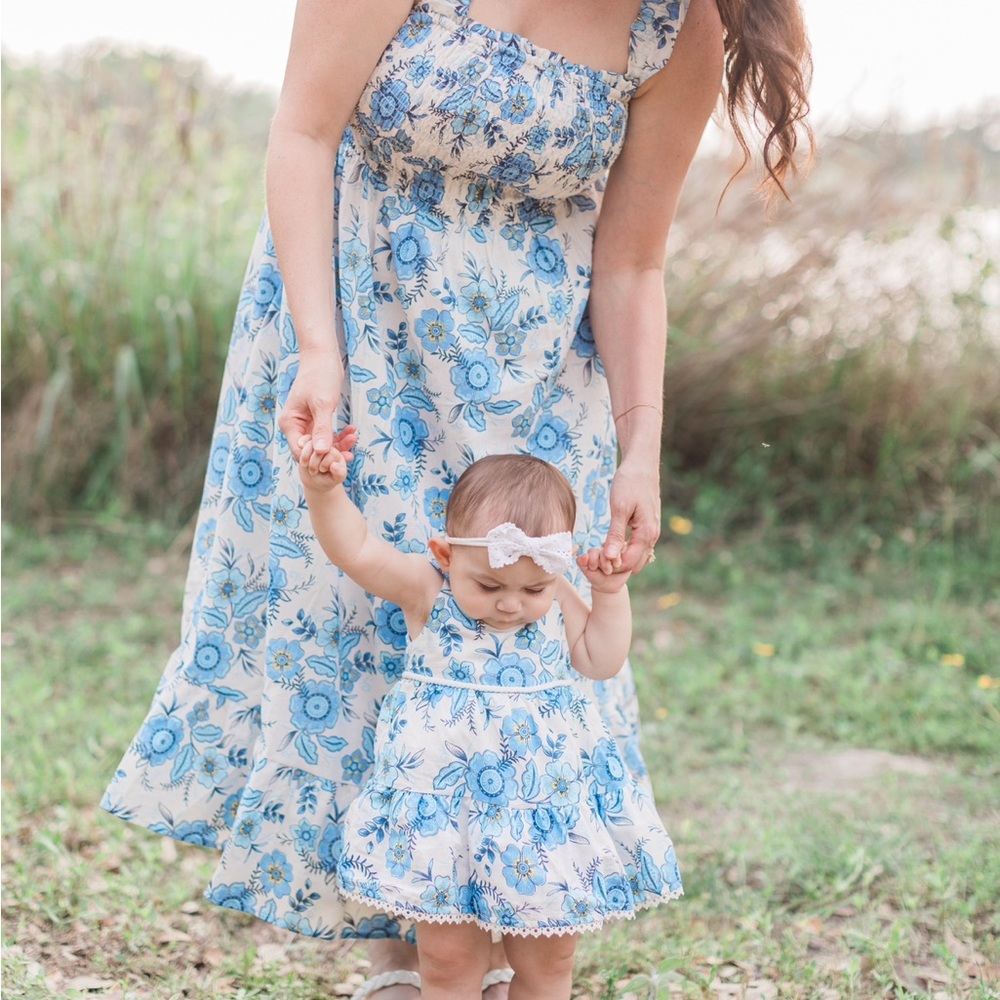 Floral Blue and White Mother-Daughter Dresses